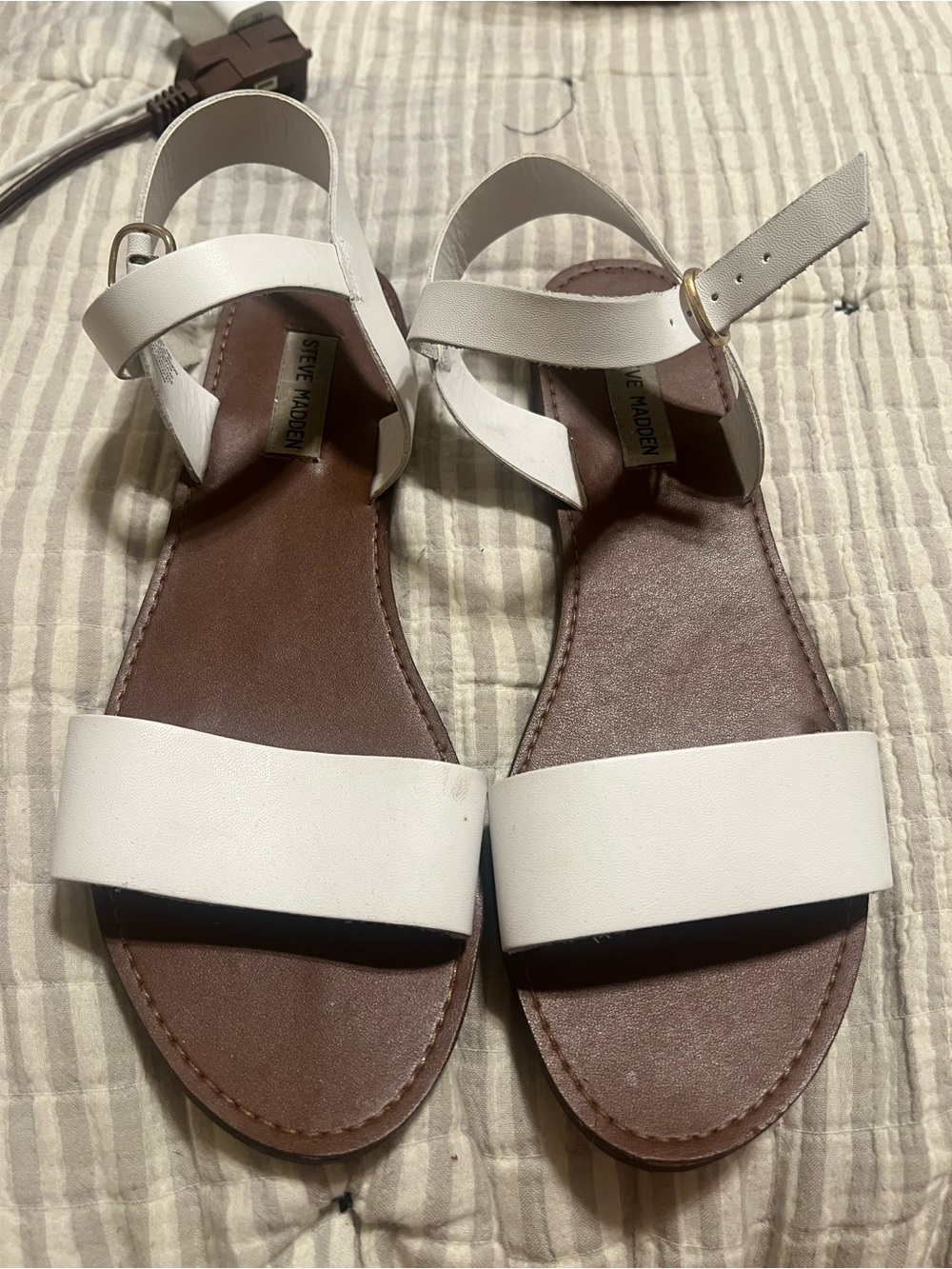 Steve Madden White Leather Ankle-Strap Flat Sandals
